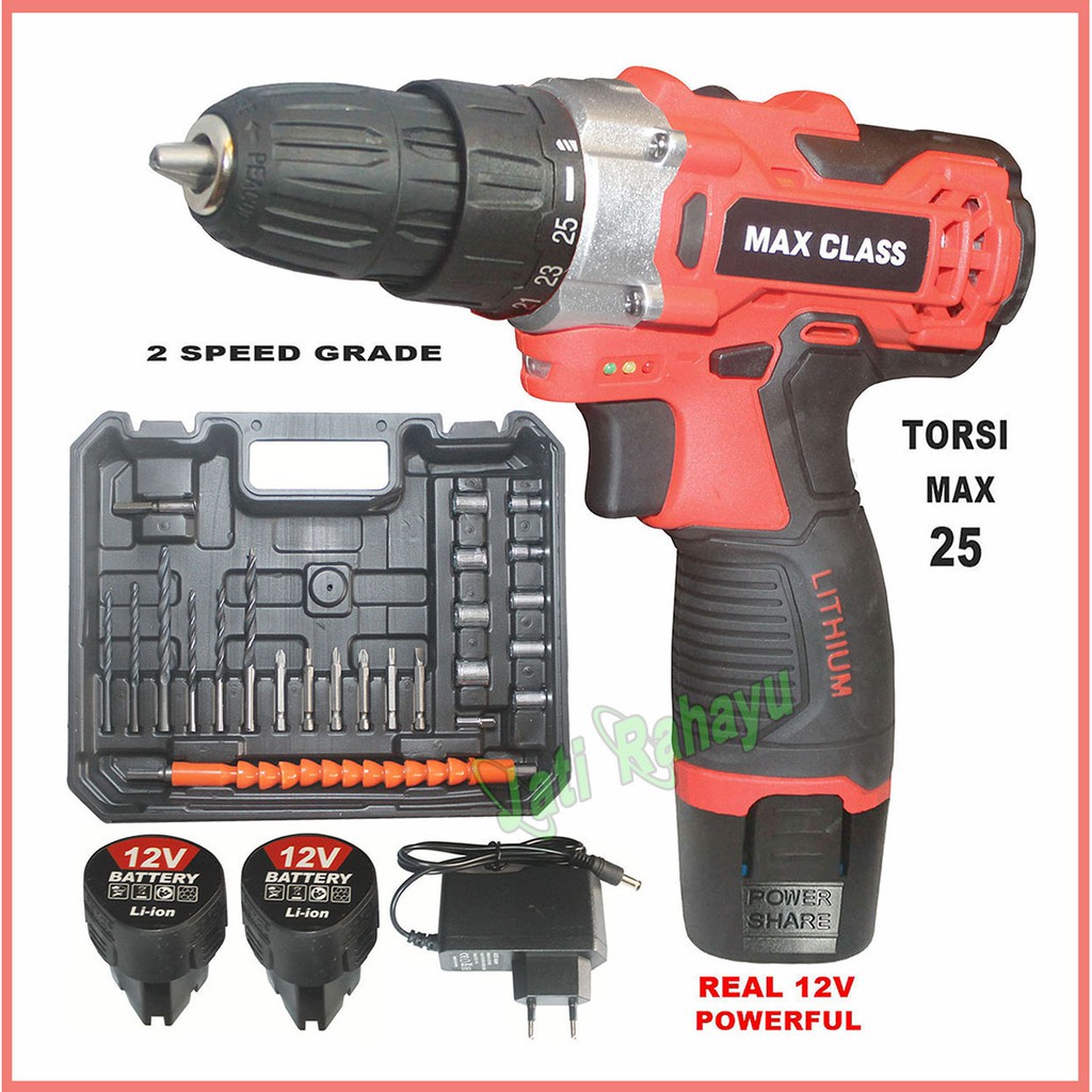 MAX CLASS MESIN BOR BATERAI , CORDLESS DRILL , BOR OBENG BOLAK BALIK CHARGING 12V - 36V