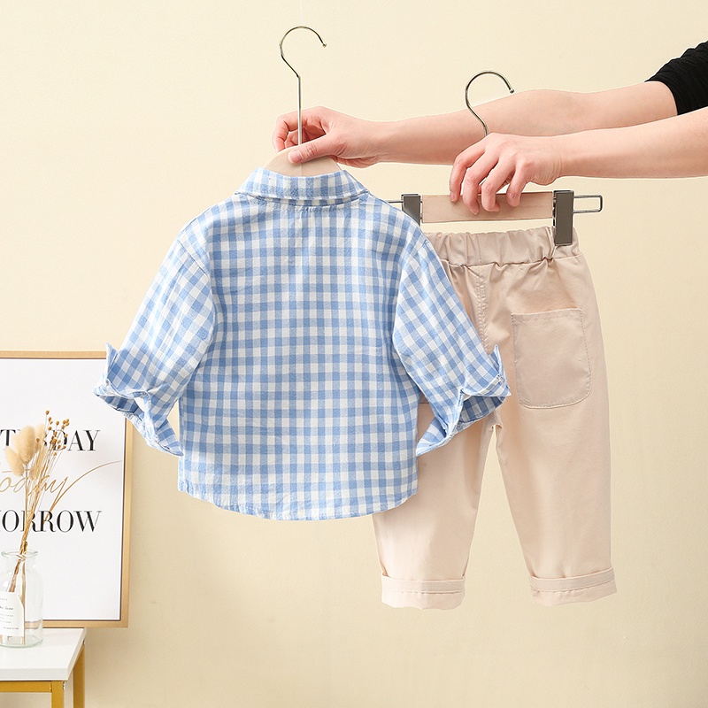  setelan kemeja kotak celana panjang fashion import anak laki laki model korea impor grosir-3