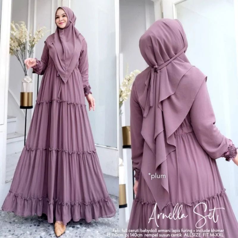 Arnella Set Gamis Set Hijab Ceruty Baju Muslim Wanita Terbaru 2022 Gamis Syari Jumbo Gamis Polos Pre