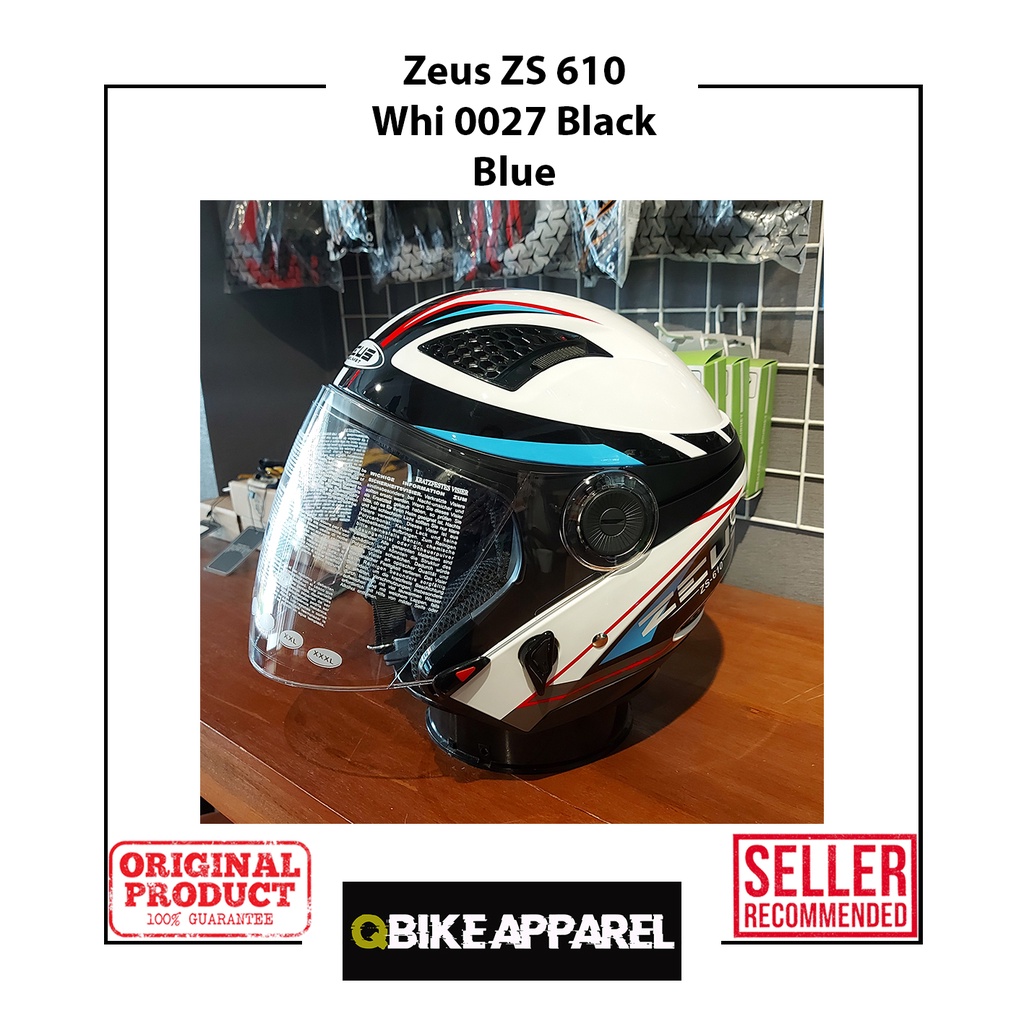 Helm Motor Half Face Double Visor Zeus ZS 610 White 0027 Black Blue