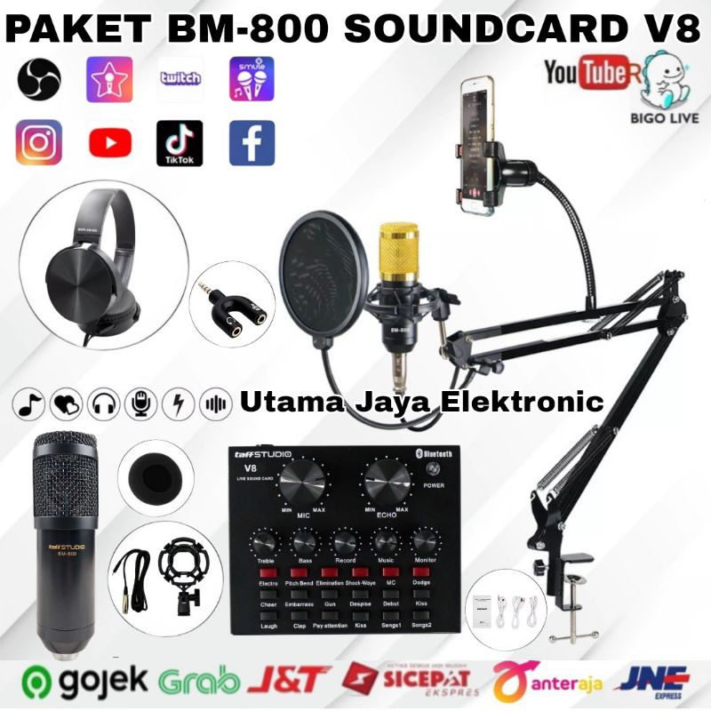 Paket Komplit Mic BM800 Soundcard V8 bluetooth Stand Holder D6 Pop Filter Shield Rekaman Terbaik