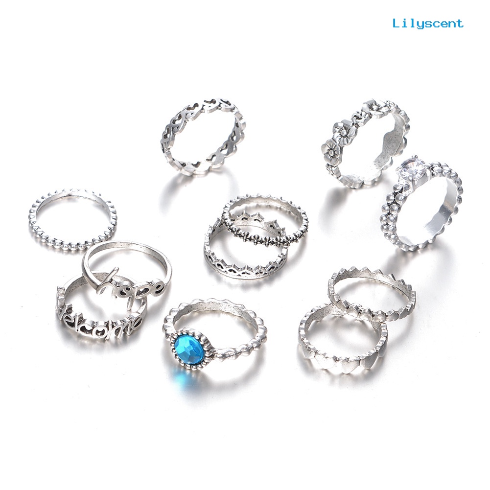 11pcs / Set Cincin Knuckle Desain Hati Hollow Aksen Zirkon Untuk Wanita