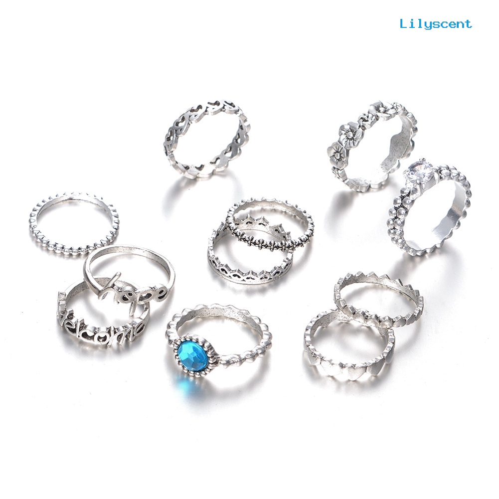 11pcs / Set Cincin Knuckle Desain Hati Hollow Aksen Zirkon Untuk Wanita