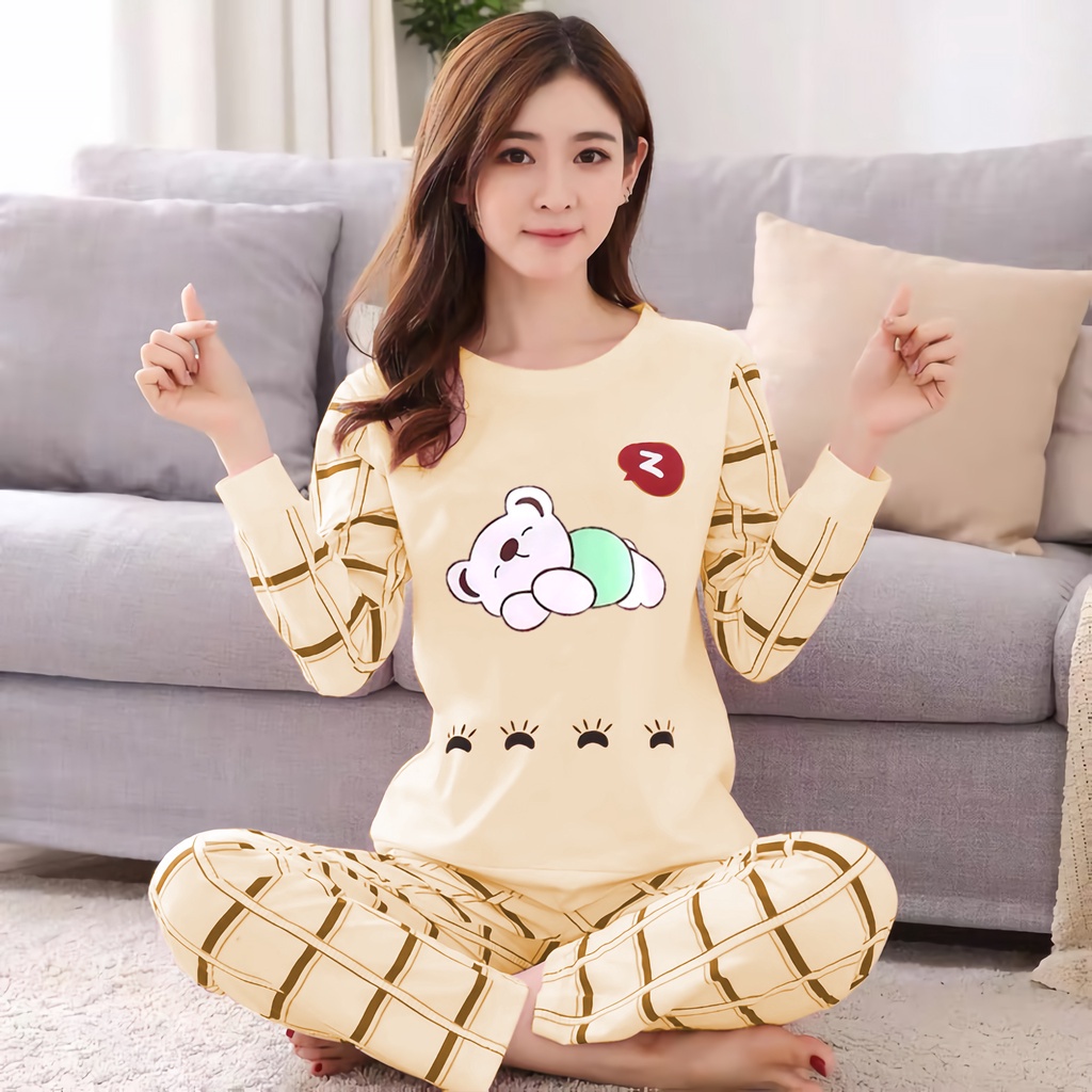 Lilipop.id  Baju Tidur Wanita Sleep Bear Celana Panjang PP Allsize Lengan Panjang Baby Doll Bahan Kaos Dewasa