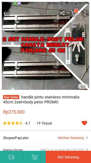 Paket Handle Pintu Stainless Baut Tembus 33cm 2 Set + Kunci Pelor