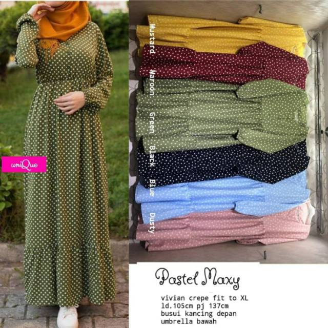 Pastel Maxy, maxi dress, dress muslim, bahan crepe, motif totol, kekinian, gamis, gamis muslim, ootd