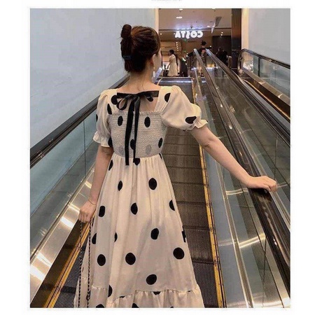 b017, import Polkadot Maxi Dress Model Lengan Pendek Puff Dress Import