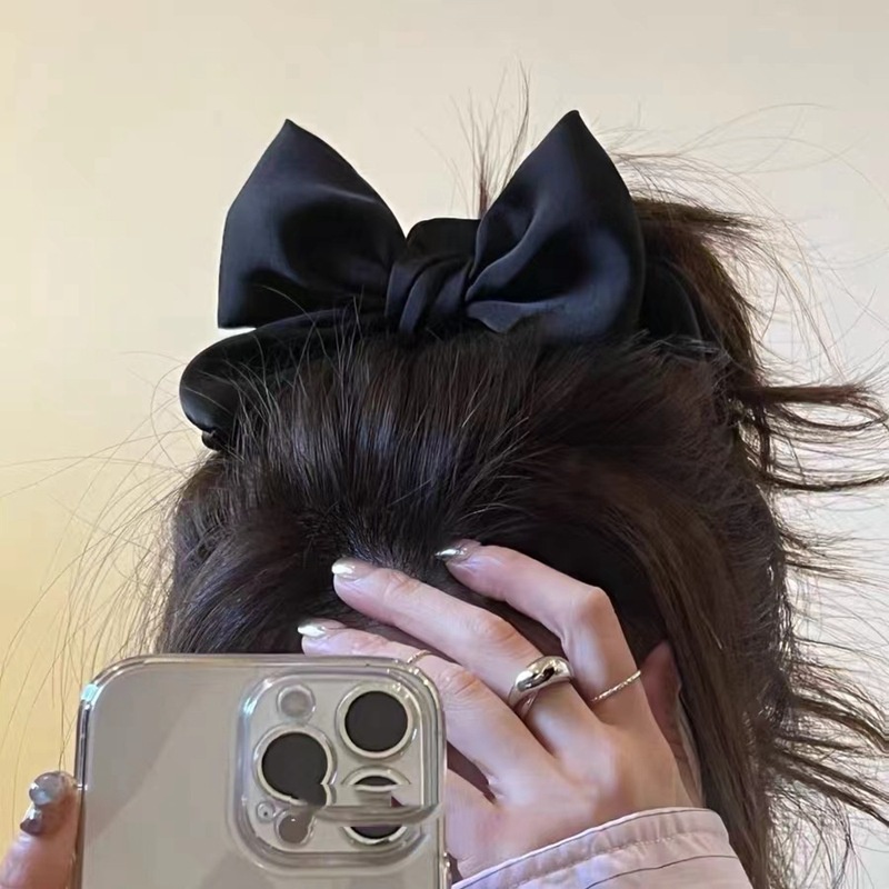 BLACK BOW FRENCH SCRUNCHIE WARNA POLOS HITAM ikat rambut elastis kain pita tebal aksesoris korea elegan pattern korean elegant high end elastic hair band ties accessories cotton thick thin big premium import black white basic scrunchies