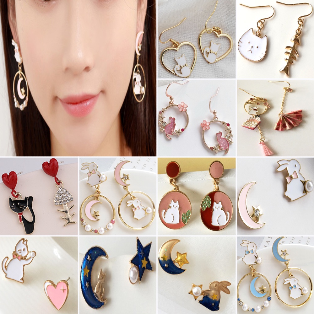 Anting Giwang Model Kucing / Kelinci / Bunga / Bulan / Bintang Dengan Payet Untuk Wanita