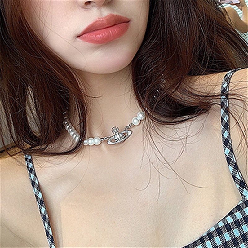 Kalung Liontin Planet Aksen Mutiara Bahan Zircon Gaya Retro Untuk Wanita