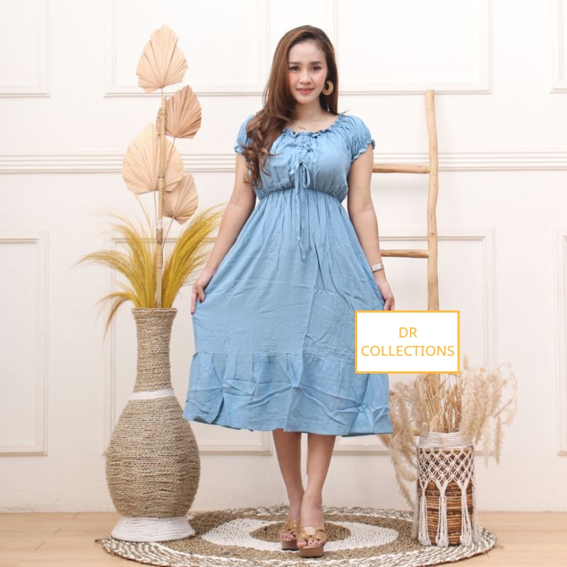Daster Kekinian ELSA Kerut Sabrina Dress Serut Dada Lengan Pundak Terbaru Motif Polos Jumbo Katun Ra