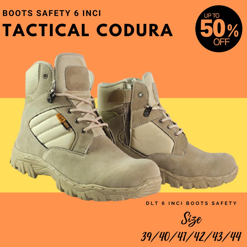 Sepatu Pria DLT USA Tactical Cordura Gurun 6 inci Pendek Sleting Boots Safety Ujung Besi CREAM