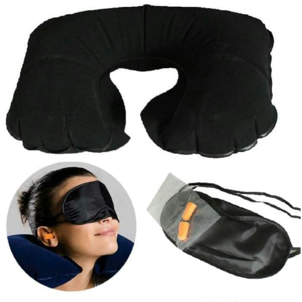 Bantal Leher Set Tutup Mata Bantal Mobil Travel / Inflatable Travel Pillow / Bantal Angin PRAKTIS