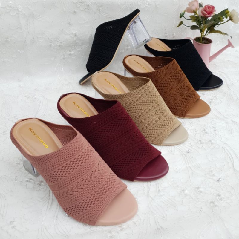 Sepatu Selop Wanita Hak Kaca 7Cm Bahan Rajut