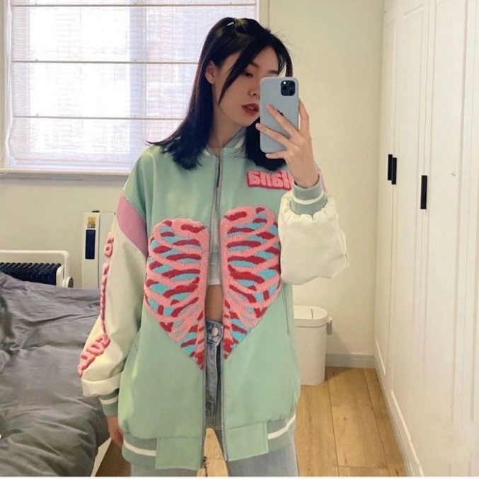 Heart Jaket Zipper Baseball Wanita Korea Oversize Size M.L.XL | Jaket Varsity Baseball Oversize | Jaket Korea