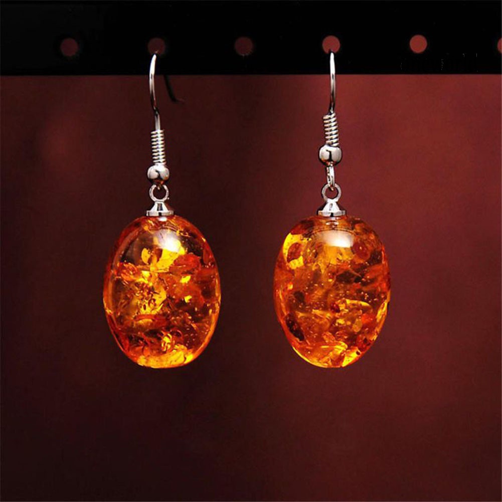 OW@ Vintage Oval Shaped Faux Amber Dangle Hook Earrings Women Piercing Jewelry Gift