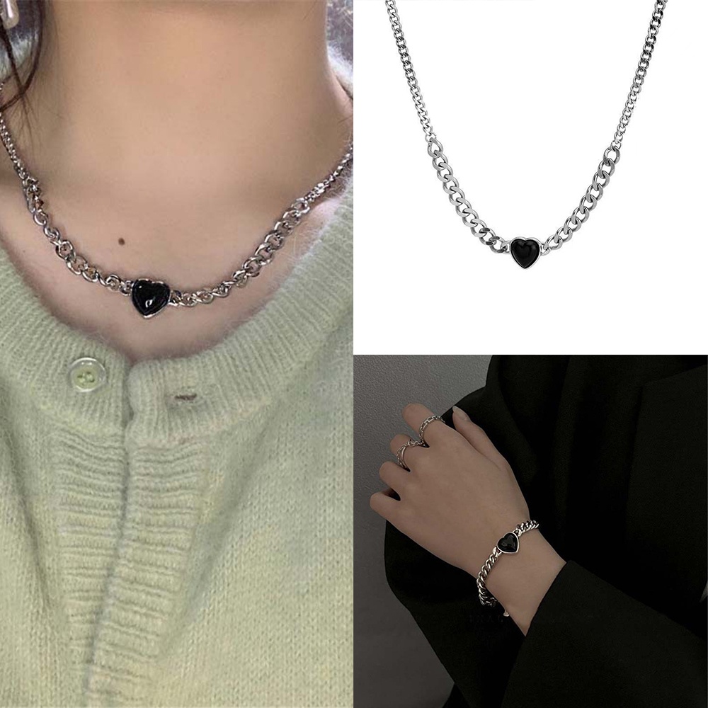 Kalung Rantai Klavikula Bahan Stainless Steel Metal Bentuk Hati Geometris Warna Hitam Gaya Eropa Amerika Untuk Wanita