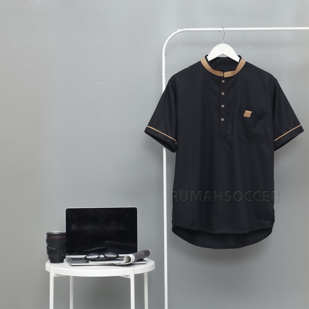 Baju Kemeja Koko Pria Fathan Lengan Pendek Hitam Polos Tersedia Ukuran S M L XL XXL