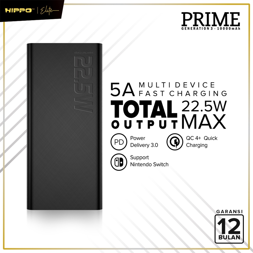 Hippo Elite PowerBank Prime Gen 3 PD 22.5W 10000mAh Quick Fast Charging Power Bank Type C Power Delivery QC Dual Port Output USB A USB C