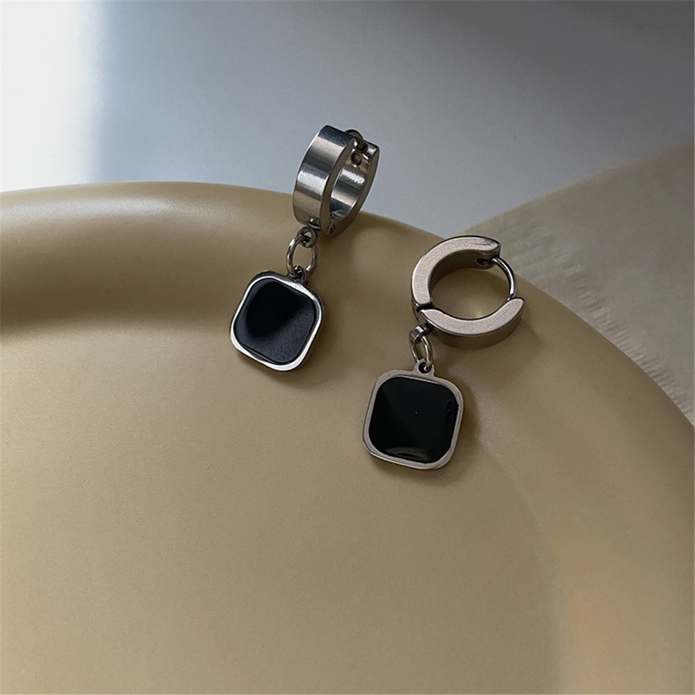 1 Pasang Stainless Steel Temperamen Fashion Hitam Anting-Anting Persegi Tanpa Tindik Telinga Klip