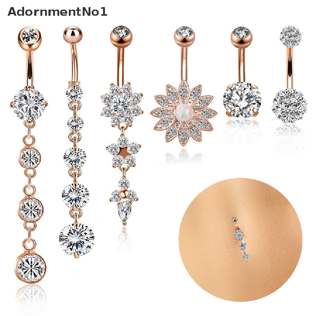 (AdornmentNo1) 6pcs / Set Cincin Tindik Pusar 14G Bahan Stainless Steel Hias Kristal Untuk Wanita