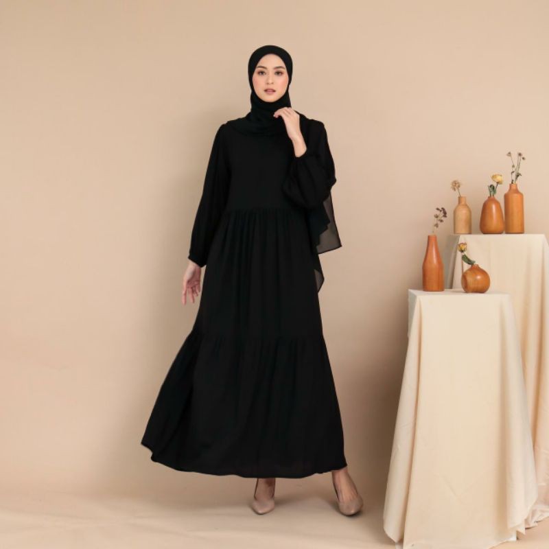 SAMIRA DRESS YN COLLECTION | GAMIS RAYON LENGAN BALON WARNA HITAM