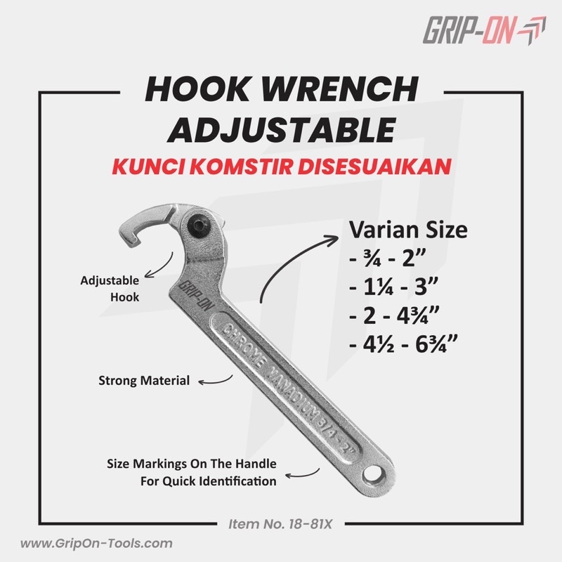 GRIP-ON HOOK WRENCH ADJUSTABLE - KUNCI KOMSTIR FLEXIBLE - KUNCI KAIT FLEKSIBEL