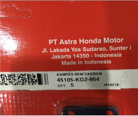 Kampas Rem Cakram Dpn (KG2) GL Pro / GL Max AHM (Asli Honda)