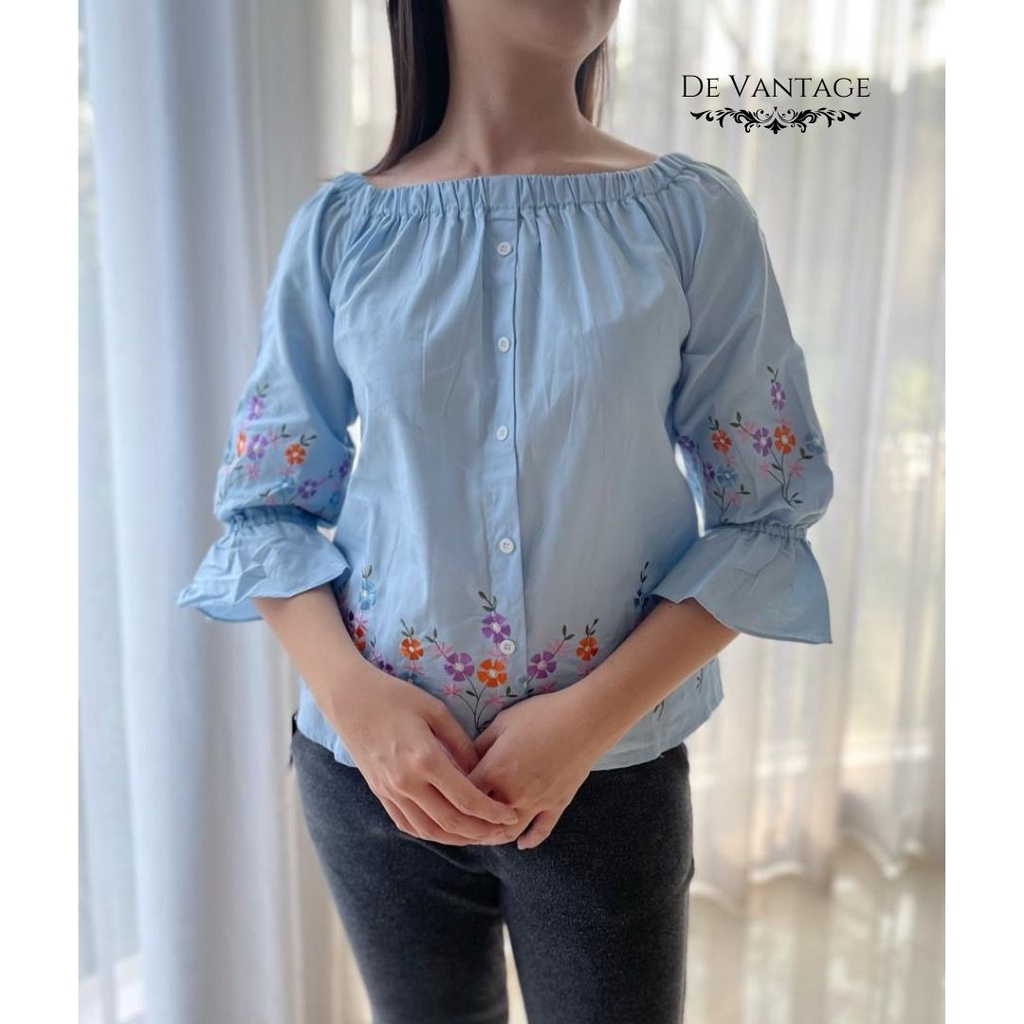 Blouse Katun Sabrina / Blouse Bunga Lengan Flare / Off Shoulder Floral Blouse