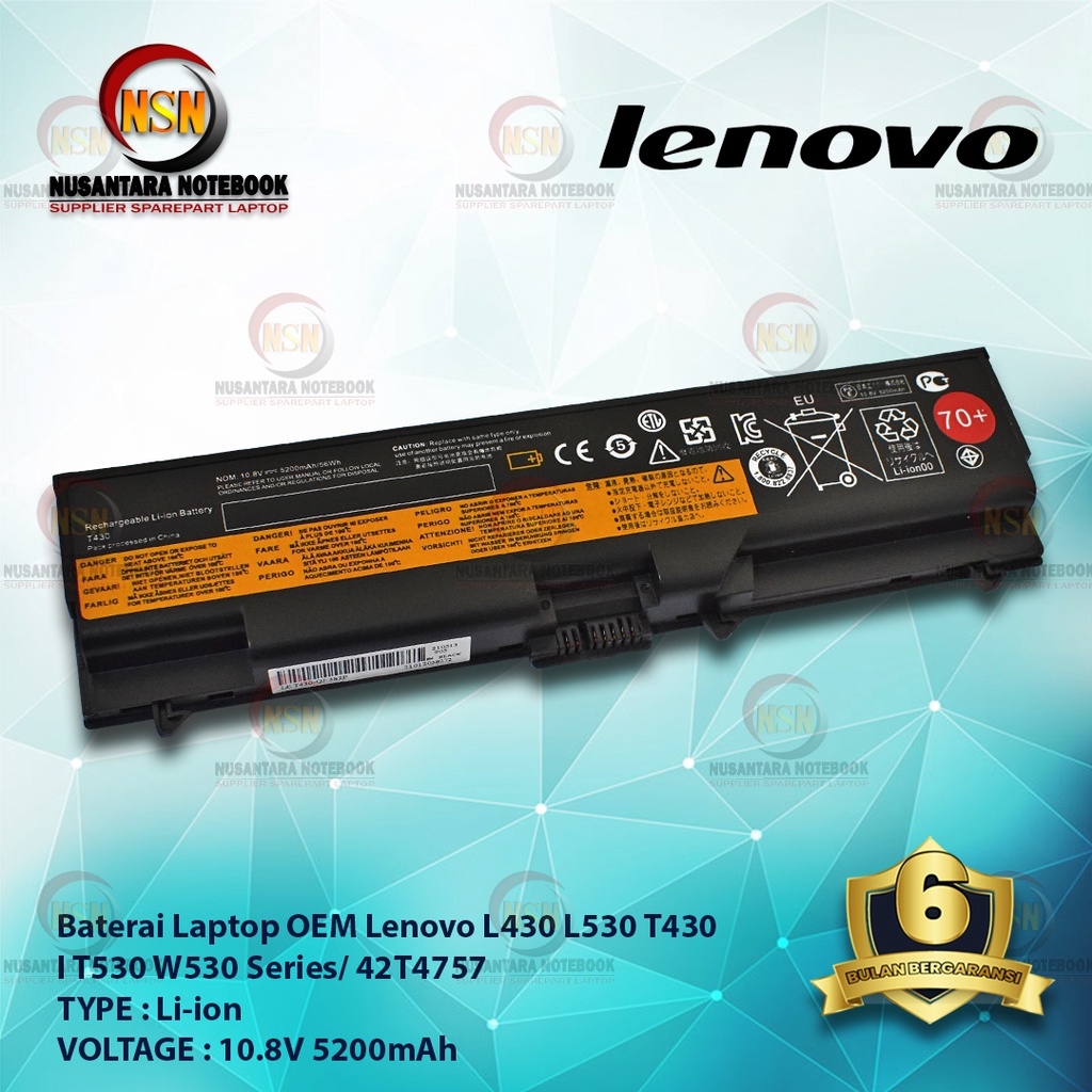 Baterai OEM Laptop Lenovo L430 L530 T430 Series 70+ 10.8V 5200mAh