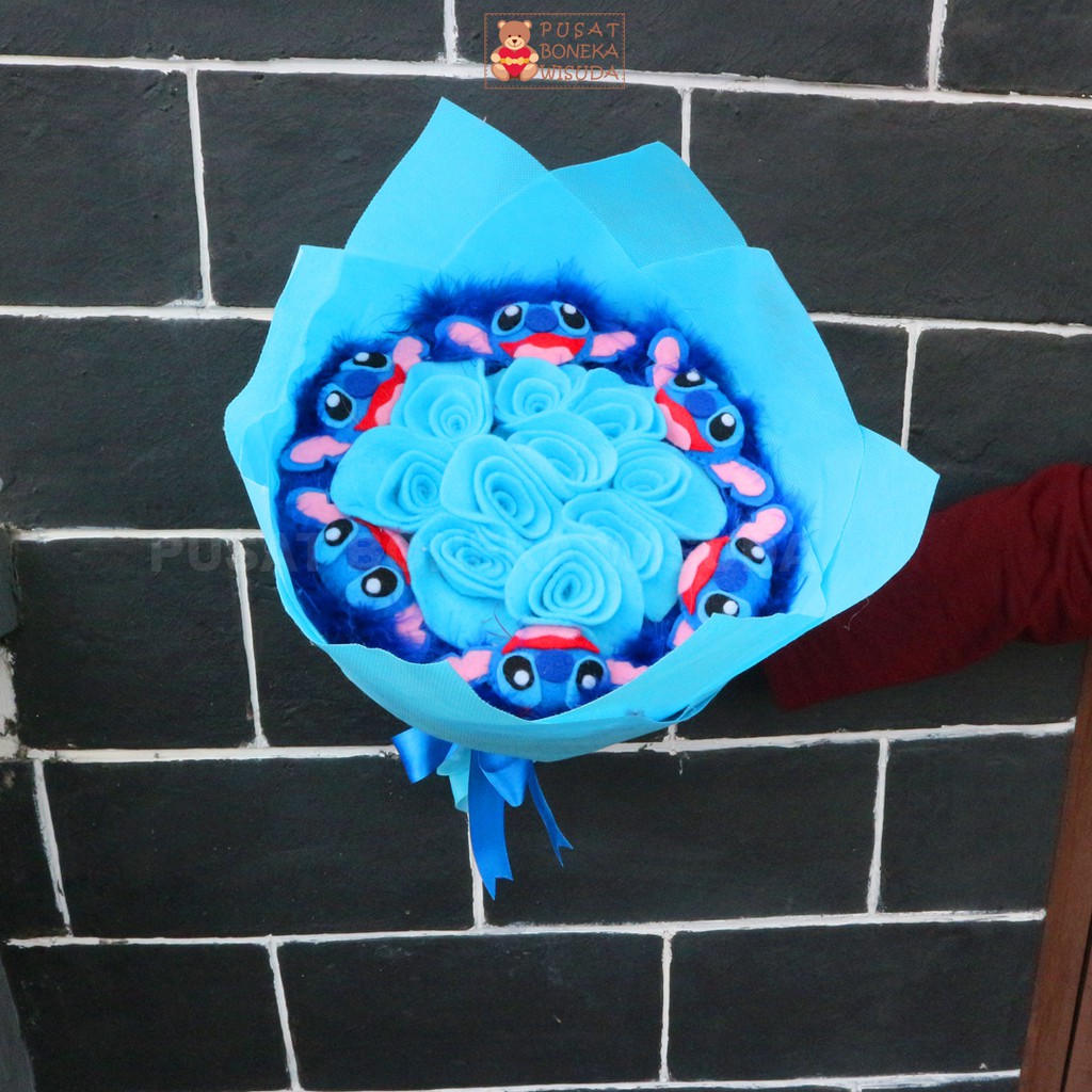 Buket Wisuda Bunga Karakter Bucket Boneka Stitch Stit Stic Biru Anniversary Ultah Hadiah Kado