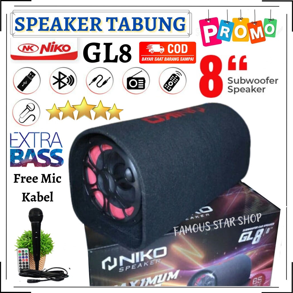 BONUS MIC Niko Gl8 Subwoofer Car Speaker 8 Inch 85 Watt | Speaker Tabung 8 inch Subwoofer Car speaker AC/DC | Speaker Aktif NIKO NK-GL8 | FMS