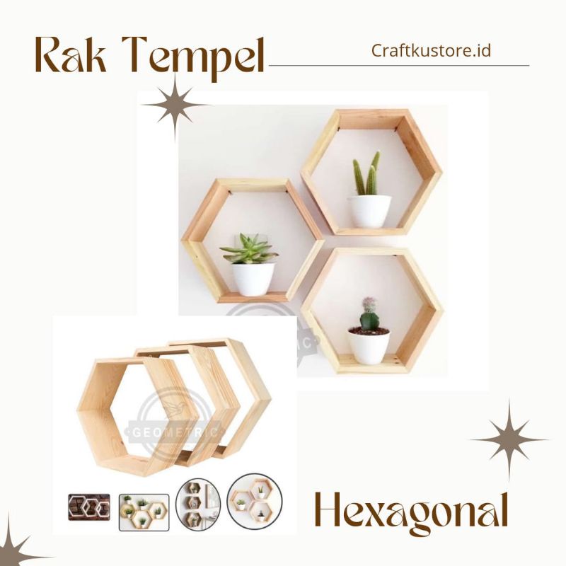 (BISA COD) Rak Dinding Kayu Hexagonal