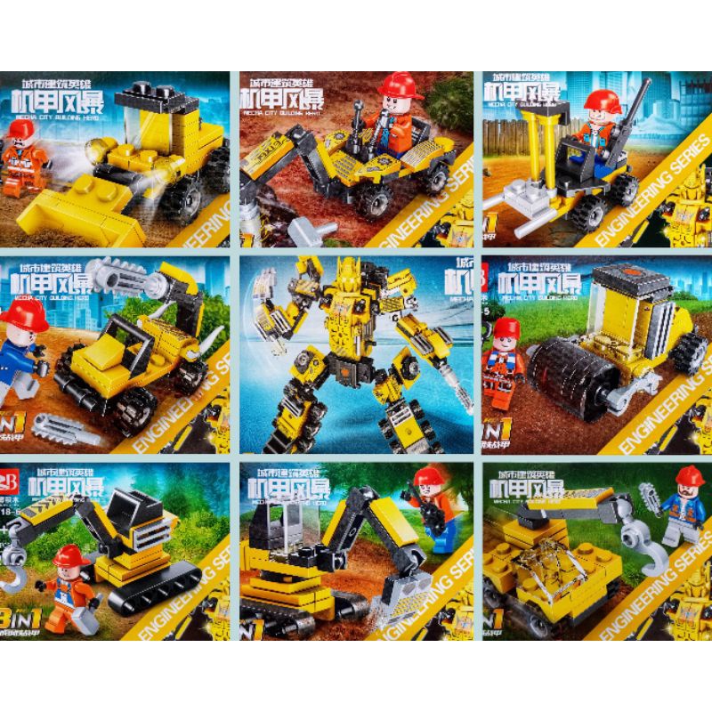 mainan bricks mobil alat berat PGM6718 buldoser traktor forklift excavator truk molen kontraktor mob