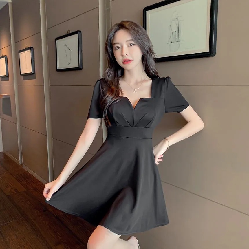 Korean Short Sleeve Square Neck Mini Dress Wanita Lengan Pendek 1405 (S/M/L/XL)