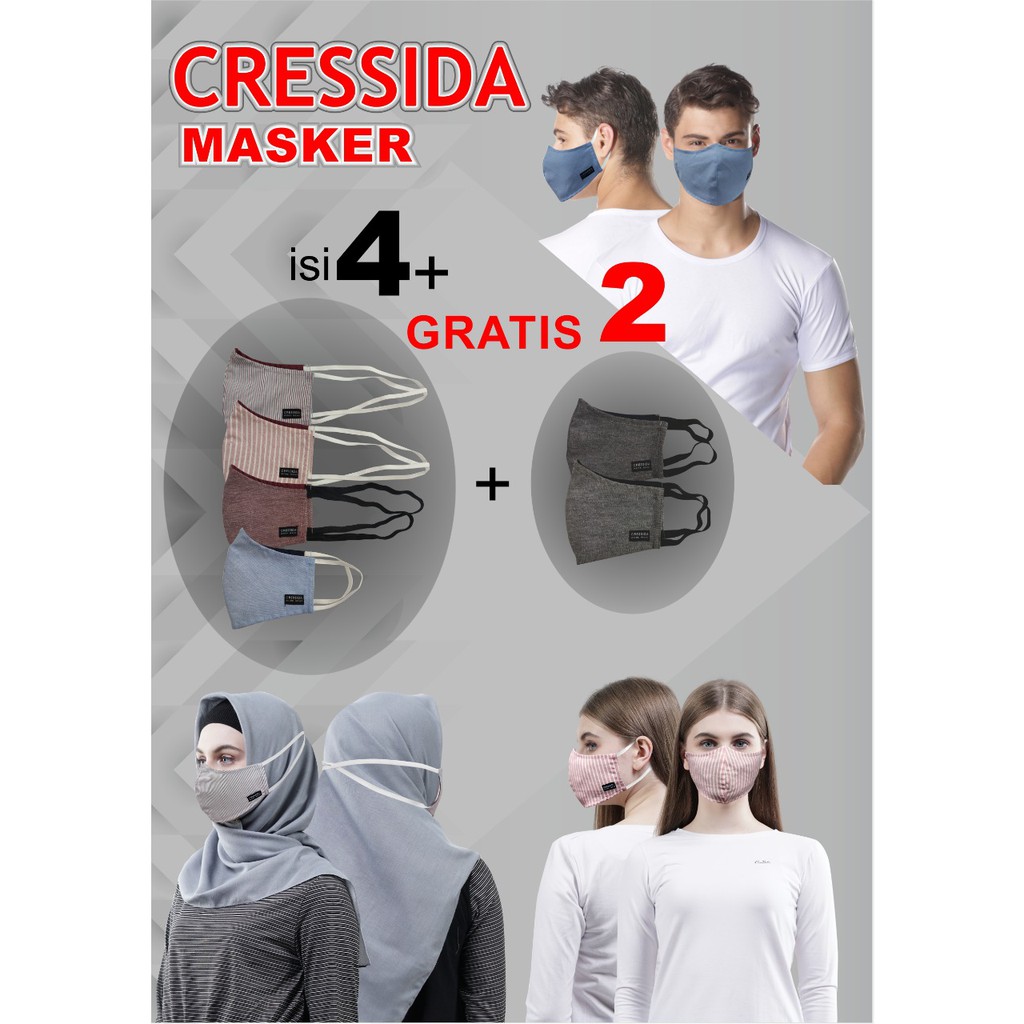 gof MASKER CRESSIDA ISI 4 GRATIS 2 Masker Dewasa Hijab &amp; NON Hijab