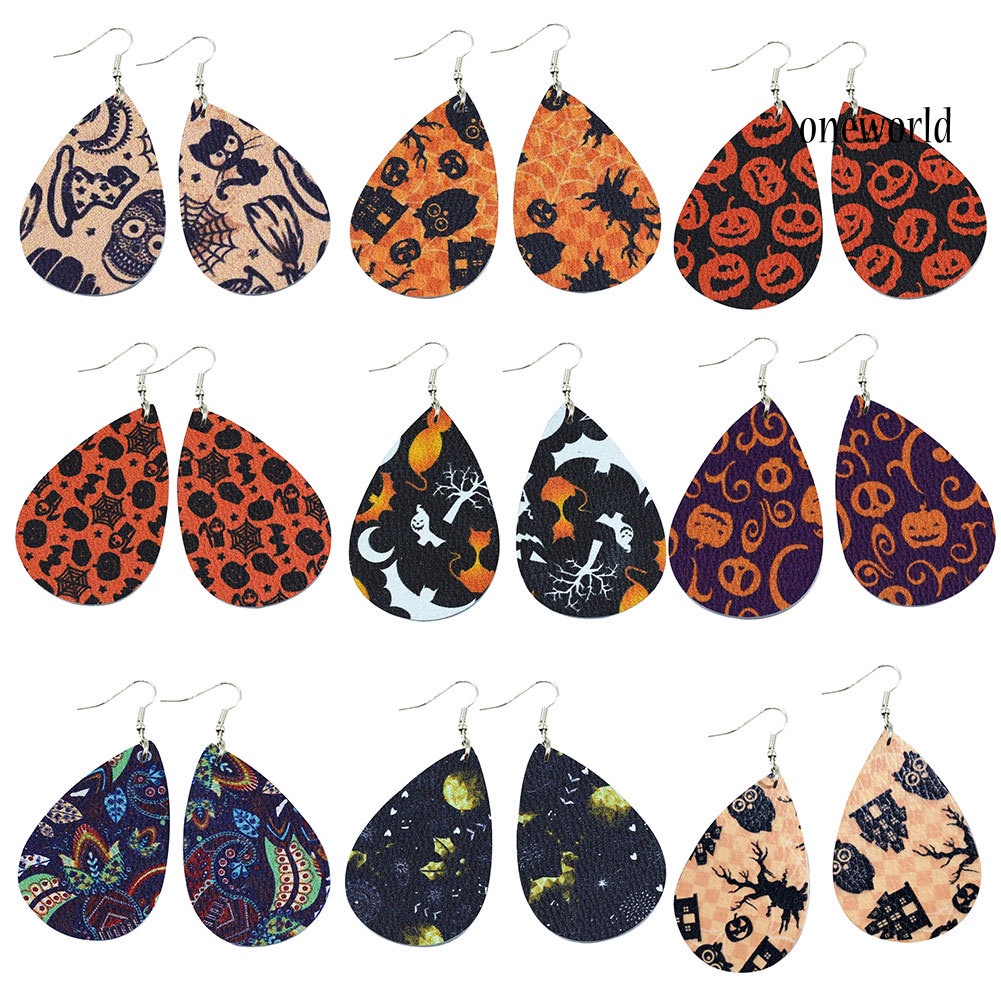 OW@ Halloween Skull Pumpkin Teardrop Faux Leather Drop Dangle Women Hook Earrings