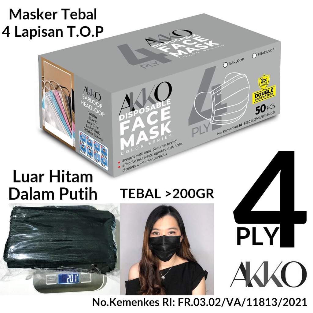 MASKER EARLOOP AKKO LUAR HITAM Dalam PUTIH 4PLY- KEMENKES ORIGINAL AKKO HITAMPUTIH