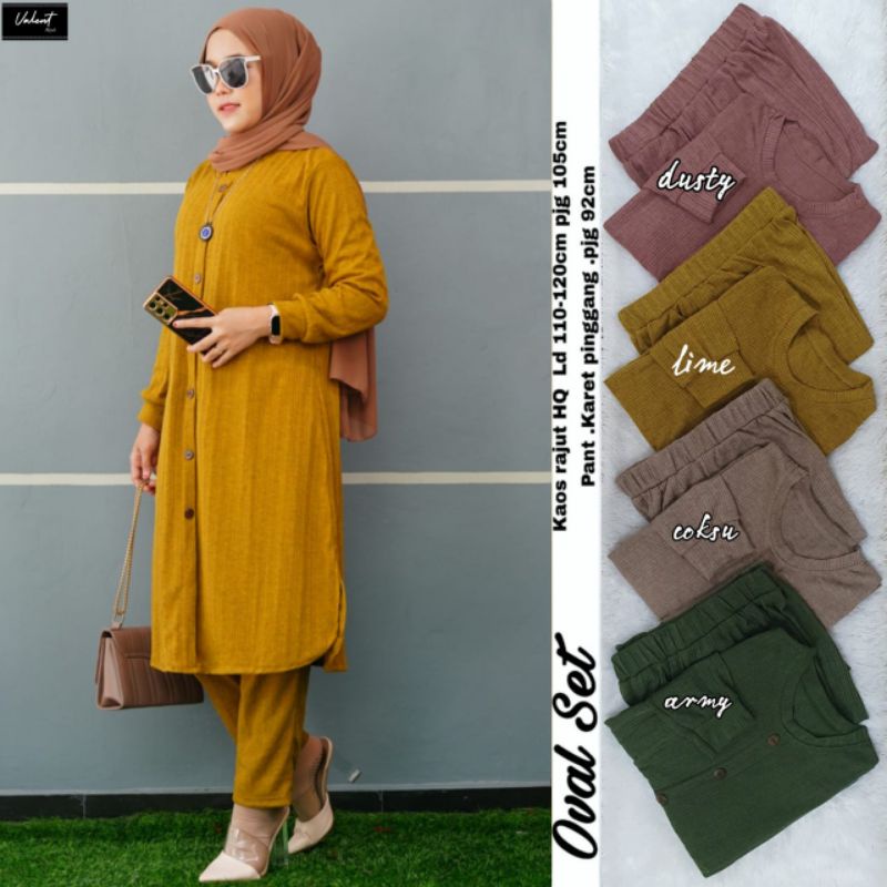 Elmecca One Set Polos Jumbo Setelan Long Tunik Celana Ld 120 Fit XXL Bahan Kaos Rajut Celan Pinggang