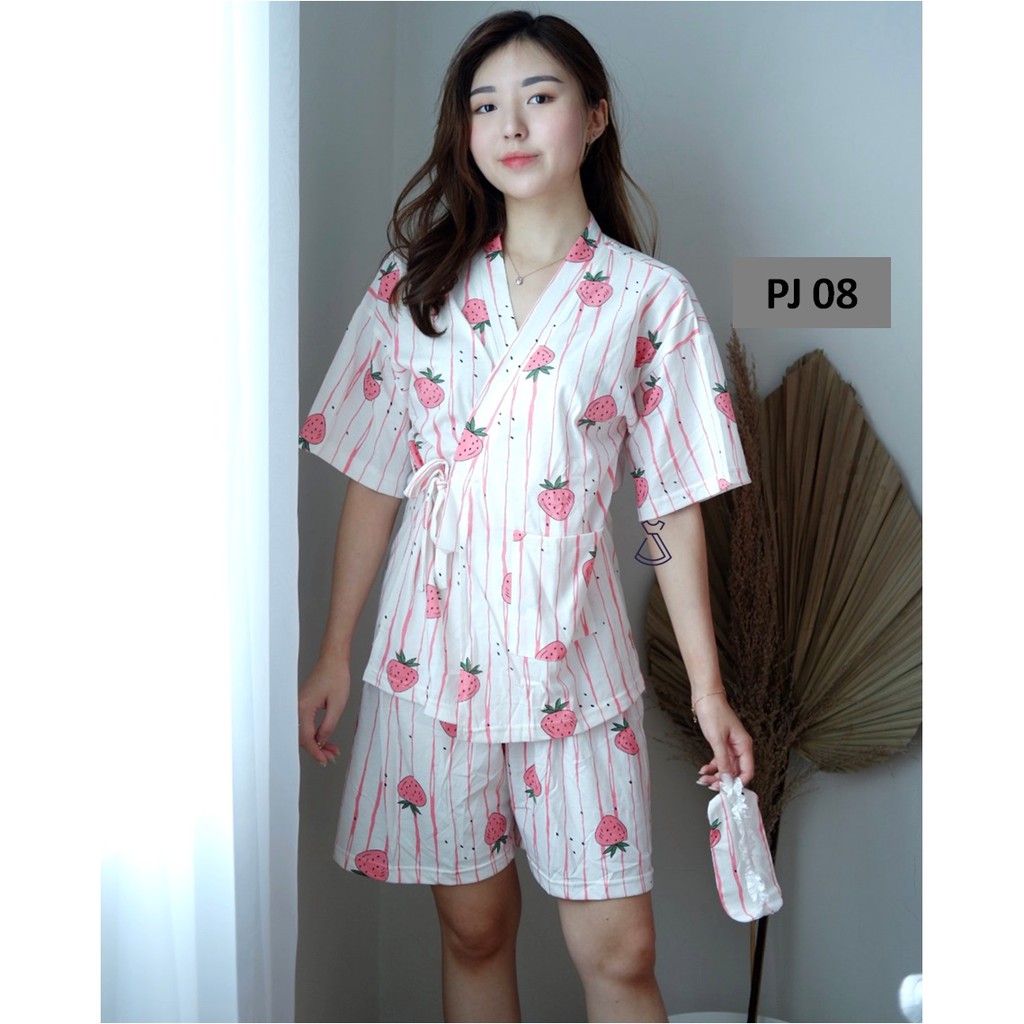 PJ08 - PIYAMA SETELAN TIDUR KIMONO CELANA PENDEK KAOS STRETCH ADEM IMPORT MURAH