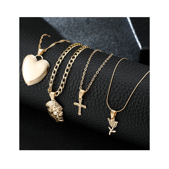 LRC Kalung Fashion Gold Face Flower Love Cross Alloy Multi-layer Necklace D19392