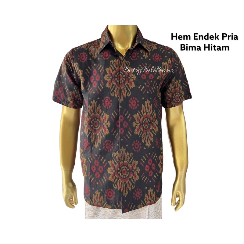 Kemeja Endek Bali katun print lengan pendek pria warna hitam Bima