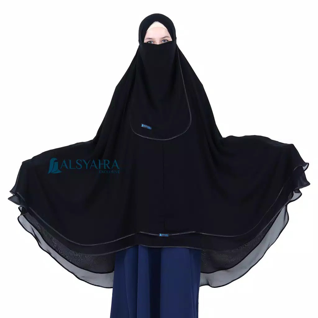 Set Khimar Butterfly 2 Layer Bisban Hitam Sifon Jetblack Alsyahra Exclusive