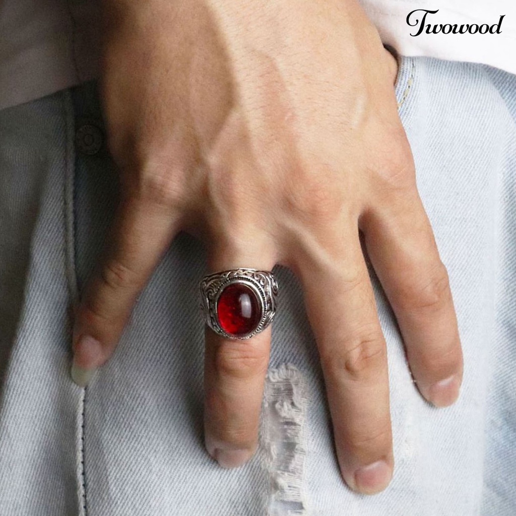 Twowood Carved Rock Style Men Ring Alloy Red Faux Gem Finger Ring Jewelry Accessaries