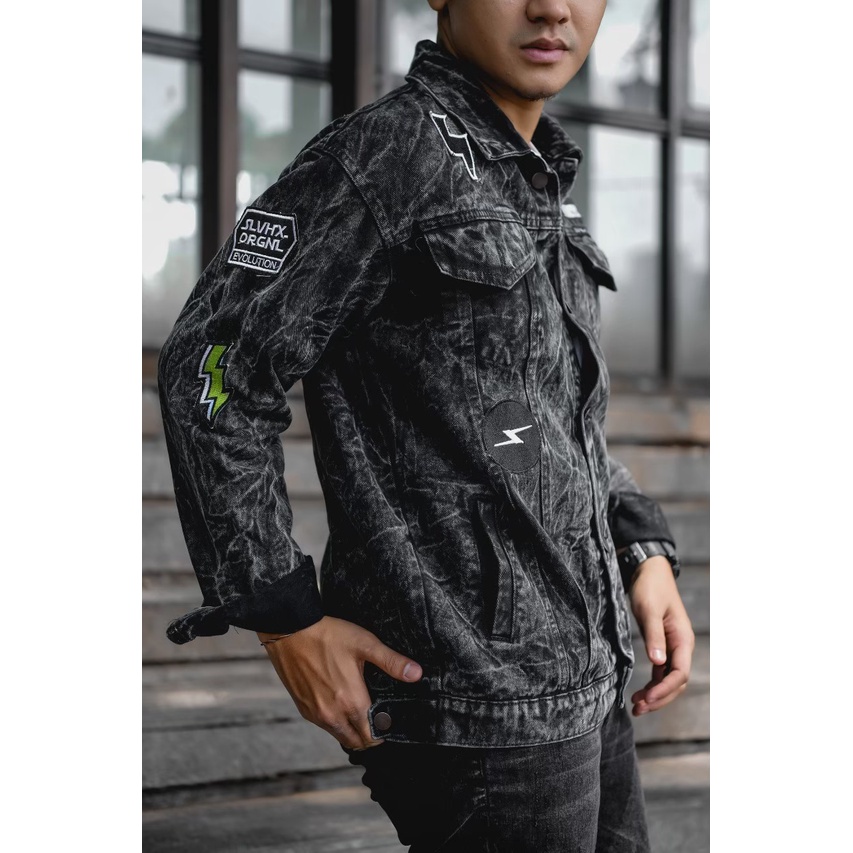 Jaket Denim Sanwash Jeans Snow Black Pria Original Bordir