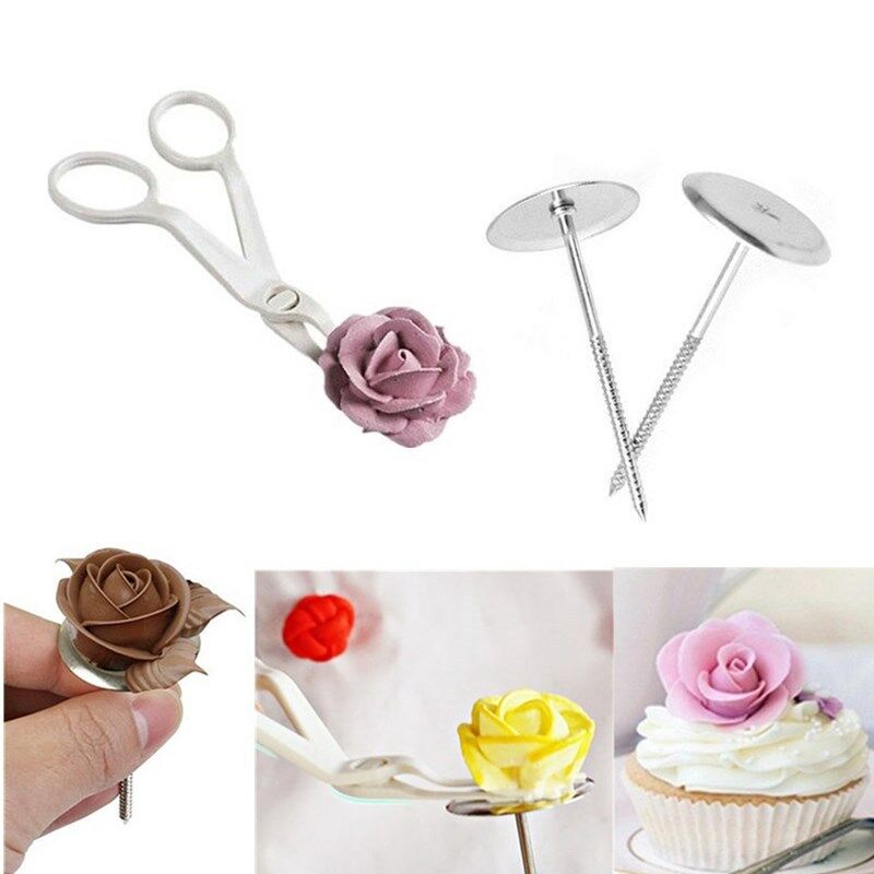 3pcs/set Kue Piping Bunga Gunting Stainless Steel Icing Cream Transfer Tray Kuku Alat Fondant Dekorasi Kue Bunga Pengangkat Dapur DIY Baking Pastry Gadget