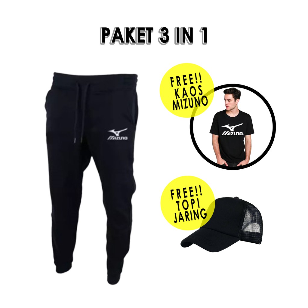PAKET 3 IN 1! Celana Training Celana Jogger Panjang, T-Shirt Kaos Logo, dan Topi Polos Topi Jaring