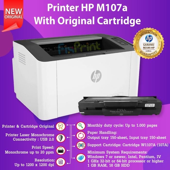 4ZB77A  Printer HP M107a Black LaserJet Monochrome With Toner Cartridge 107A HP 107 A