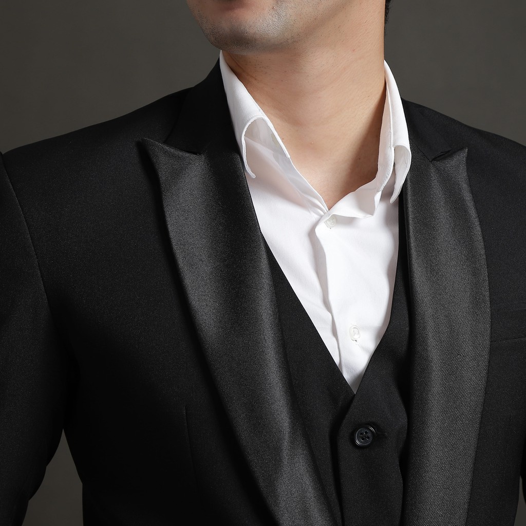 Setelan Jas Celana &amp; Rompi Premium - Hitam Peak Lapel Mengkilap - VENTE SERIES - GOLDY OUTFIT