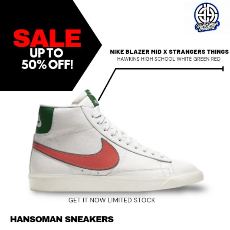 NIKE BLAZER MID X STRANGERS THINGS HAWKINS HIGH SCHOOL WHITE GREEN RED ORIGINAL BRAND NEW IN BOX